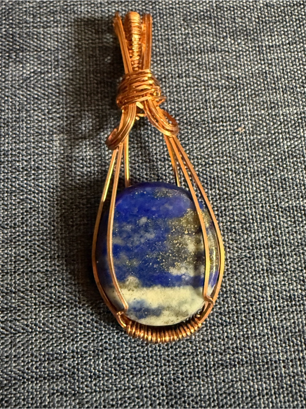 Lapis Lazuli Cabochon Wire-Wrapped Pendant in Gold Tone